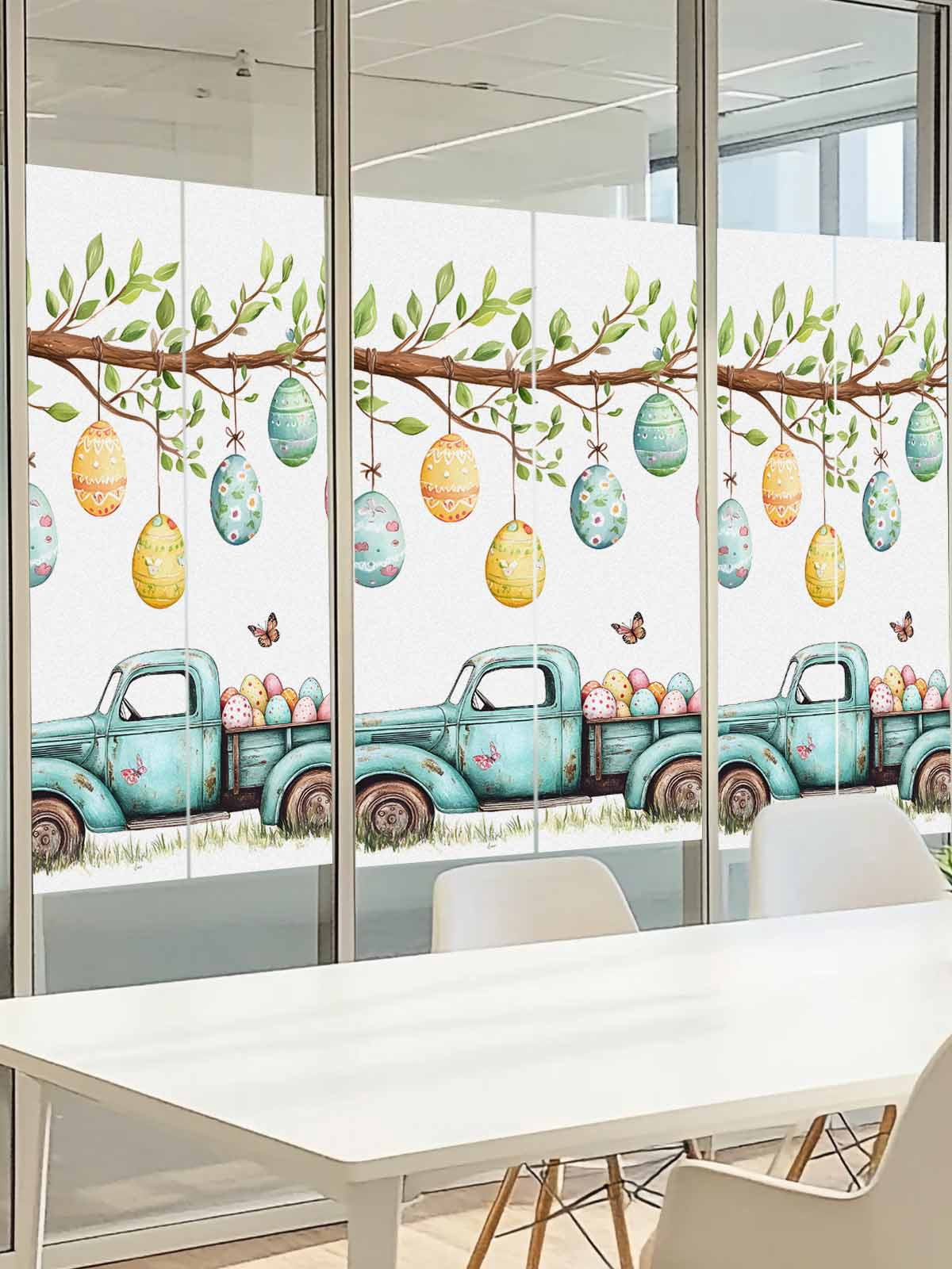 Easter Eggs Window Privacy Film, Truck with Egg Frosted Glass Window Clings Static Cling UV Heat Blocking Reusable Door Sticker for Bathroom 23.6 x 59 Inch