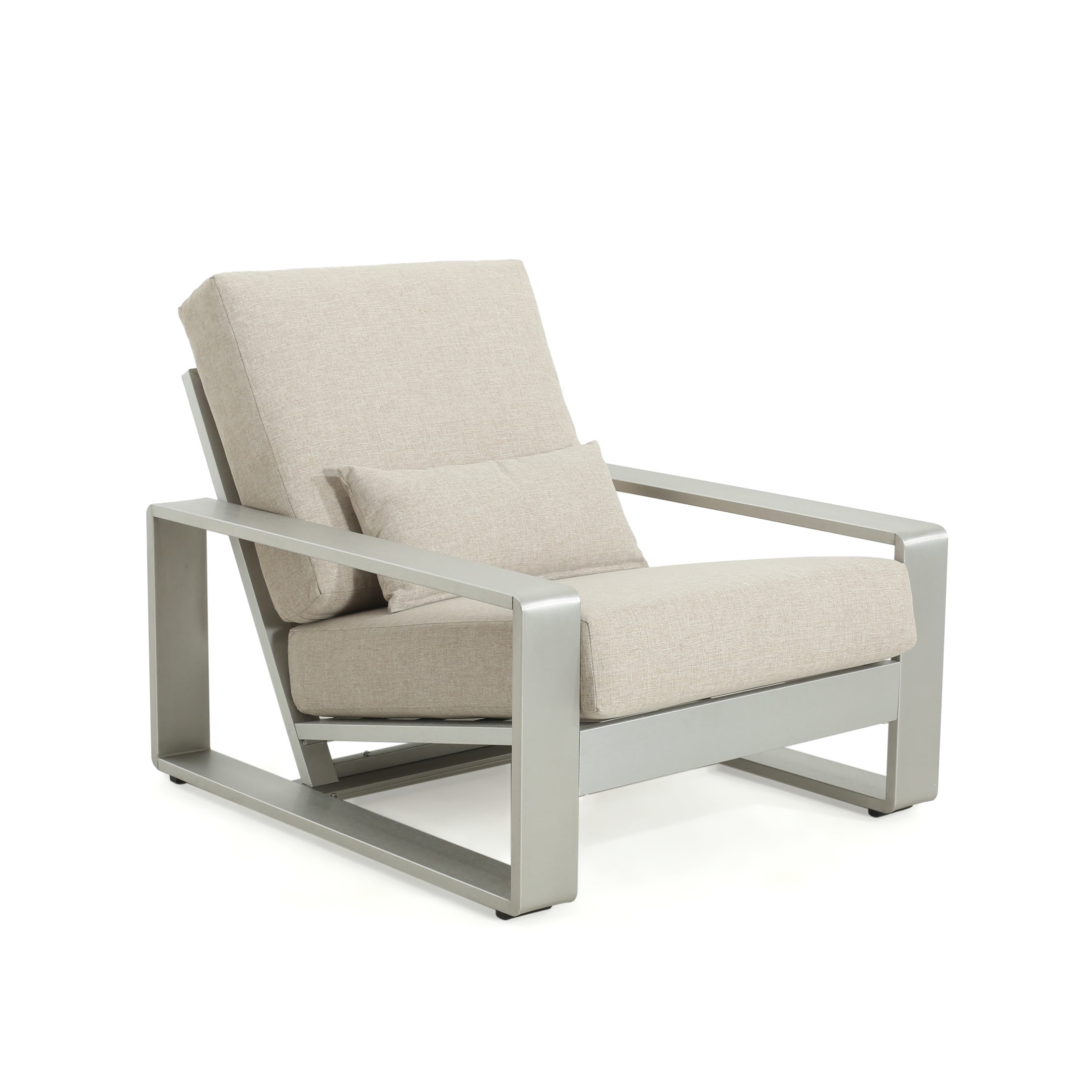 Aureth Outdoor Patio Lounge Chair with Lumbar Pillow, Aluminum, Silver+Beige