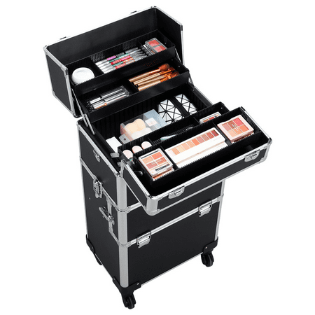 Alden Design Professional Makeup Case, 3 in 1 Portable Trolley, Black