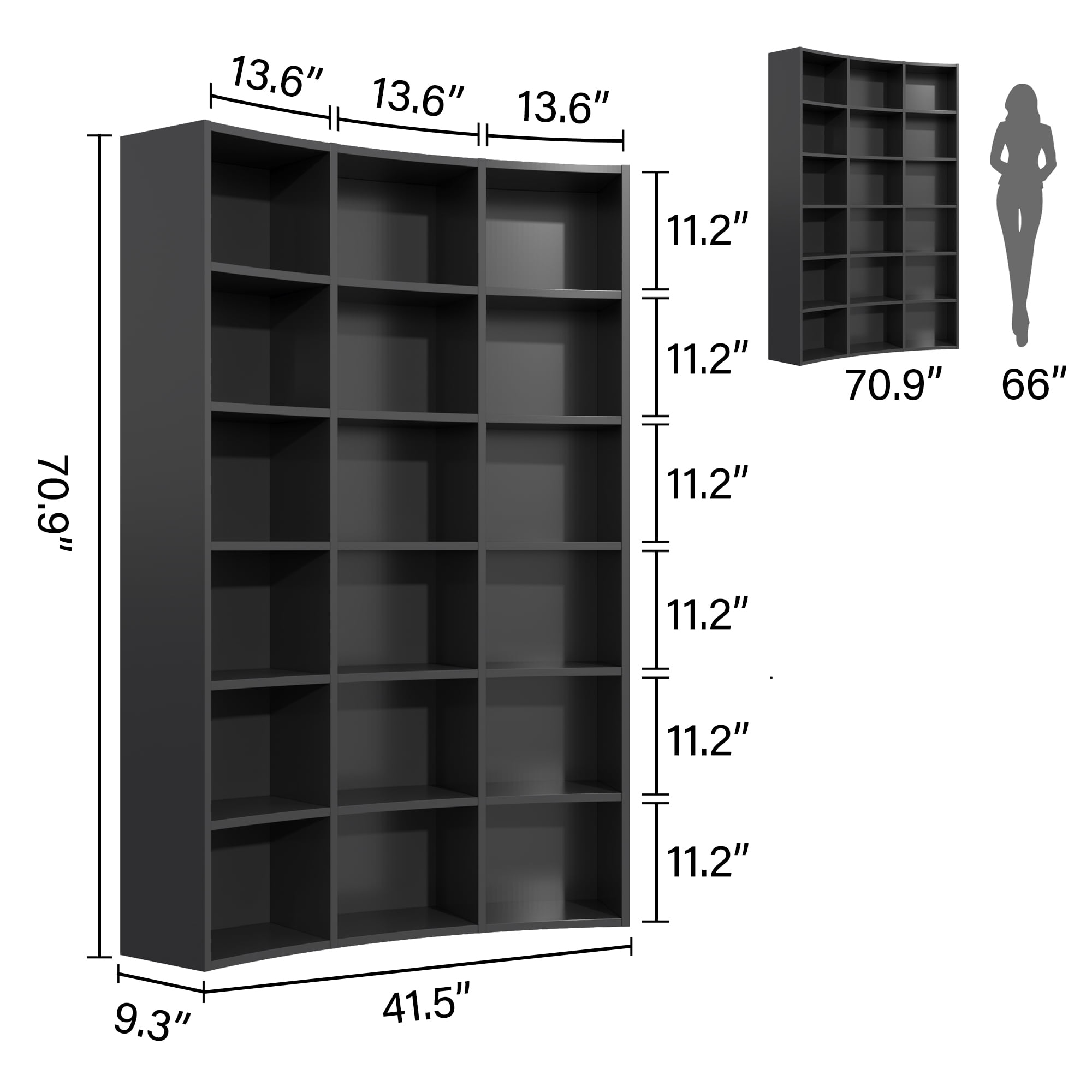 Cikuso 71" Triple Width Bookcase, 18-Cube Curved Bookshelf Corner Bookcase, Curve Shape Display Storage Shelf for Living Room, Home Office, Black