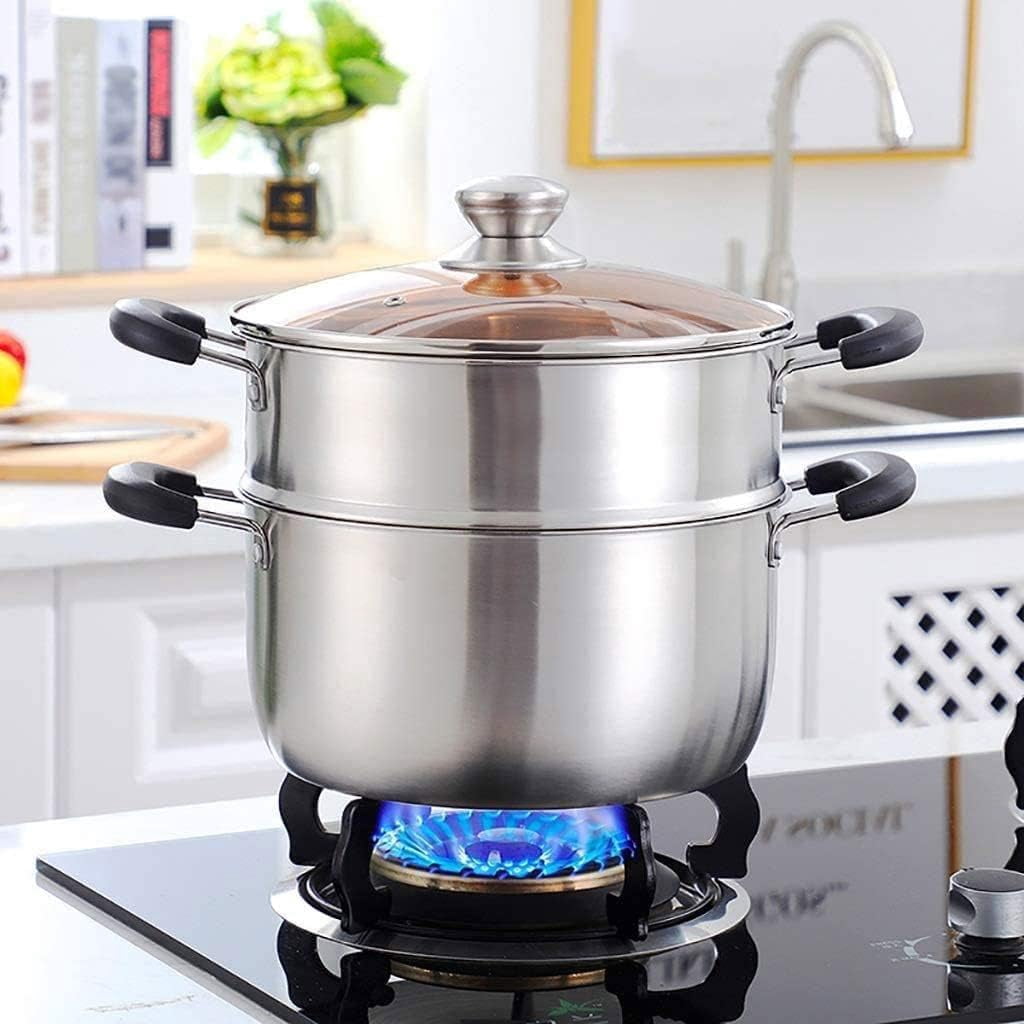 Cuit-vapeur 3 étages Inox - Pour Gaz, Induction, électrique - Cuisson Saine - 32.5x25cm - Livré Avec Couvercle Verre