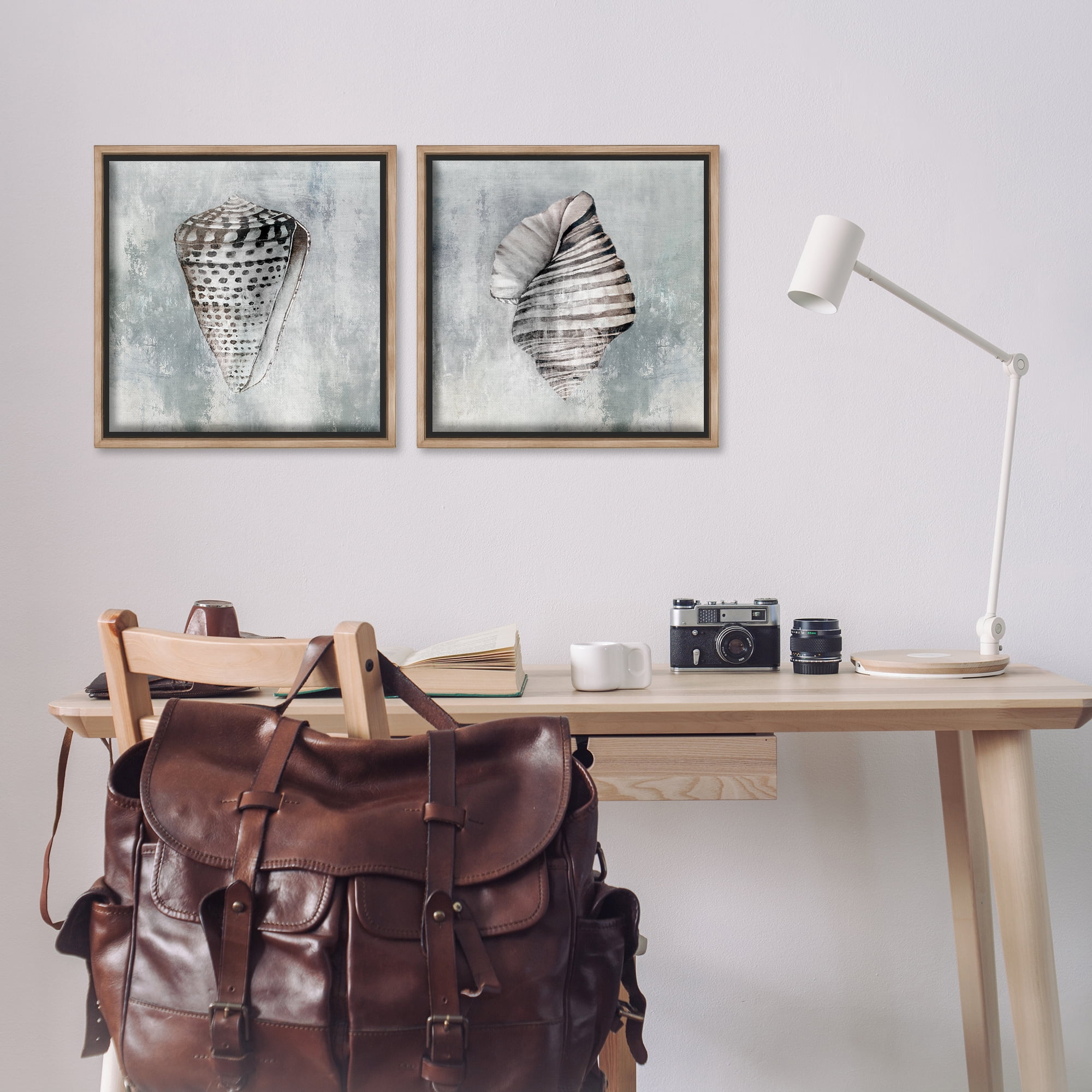 Stupell Industries Grey Distressed Cowrie Shells Nautical & Beach Painting Brown Floater Framed Canvas Art Print Wall Art, 18 x 18, Set of 2
