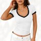 thumbnail image 3 of Camisas de Manga Corta para las Mujeres Blusas Casuales Cuello en V Color Sólido Plisado Primavera, 3 of 5
