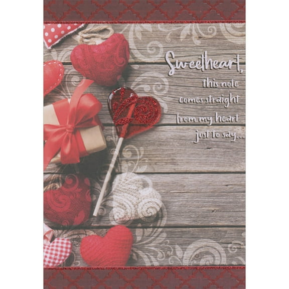 Designer Greetings Red Heart Shaped Sucker with Red Glitter and Plush Hearts Over Wood Planks Valentine's Day Card for Sweetheart
