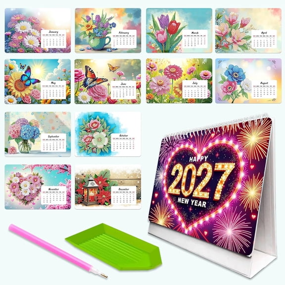 Diamond Art Painting Monthly Desk Calendar Ornament 2027 From Jan To Dec 12 Monthly Calendars Table Calendar For Home Office (Flowers)