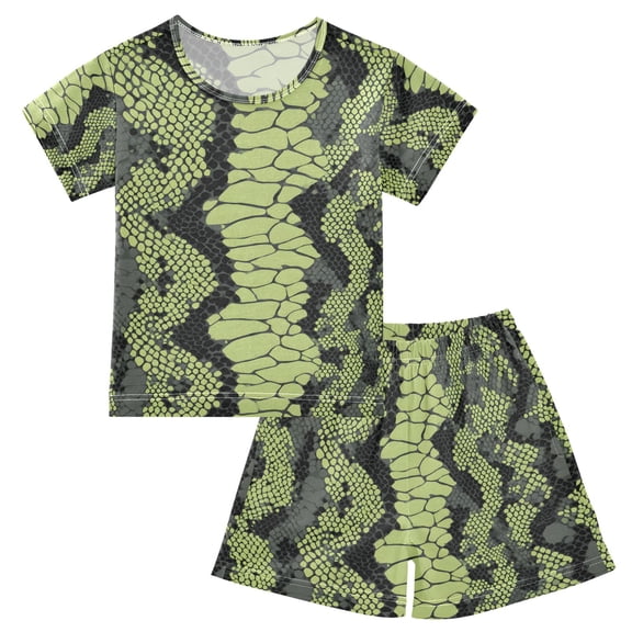 Green Black Snake Skin Pajamas Set Short Sleeves Sleepwear Top with Shorts Loose Fit Lounge Wear Unisex 5Y