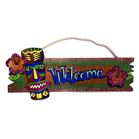 BeachCombers Tiki Wood Welcome Hanging Wall Sign (14.25" x 4")