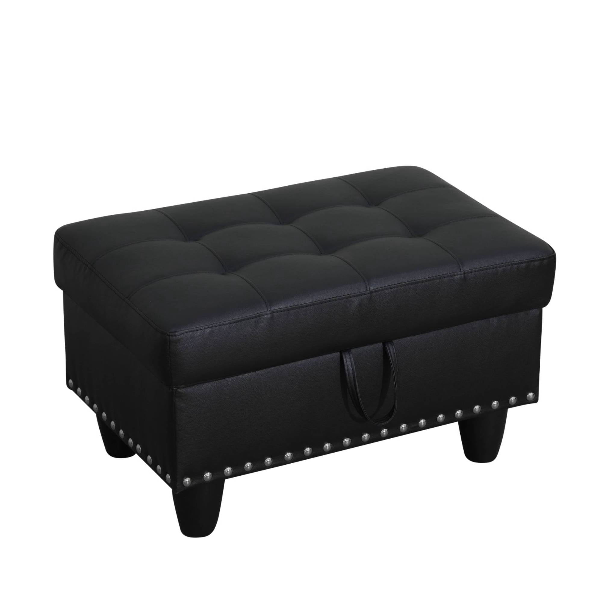 Leather Storage Ottoman Bench wiht Button Tufted, Nail-HeadFoot Rest Ottoman Stool for Living Room, Black