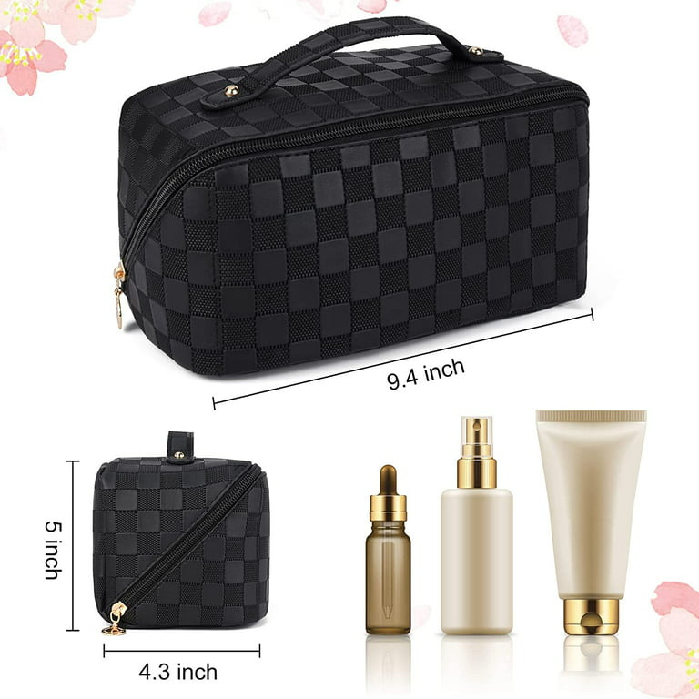  ALEXTINA Large Capacity Travel Cosmetic Bag - Portable Makeup  Bags for Women Travel Toiletry Bag Waterproof Leather Checkered Makeup  Organizer Bag, Roomy Cosmetic Bag for Women and Girls, Black : Beauty