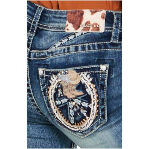 Grace In LA Women's Horseshoe Boot Embroidered Pockets Bootcut Stretch Jeans (25)