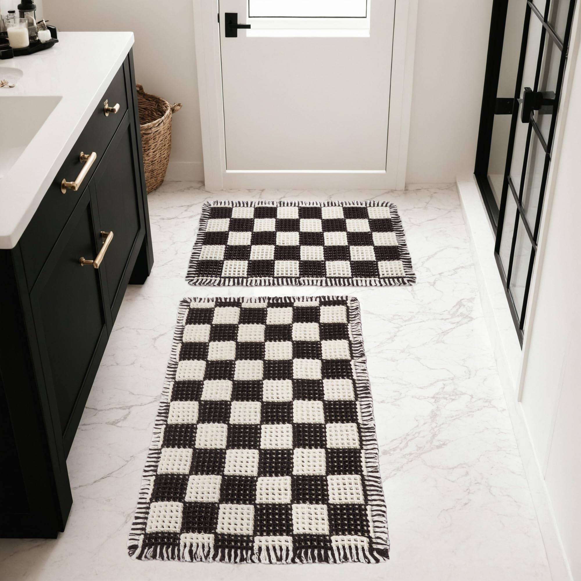 MatEssenz Waffle Bathroom Rug Set, Super Absorbent Quick-Drying Bath Mat, Machine Washable Non-Slip Backing Soft Rug for Bathroom Floor and Tub, 17"x24"+18"x30"