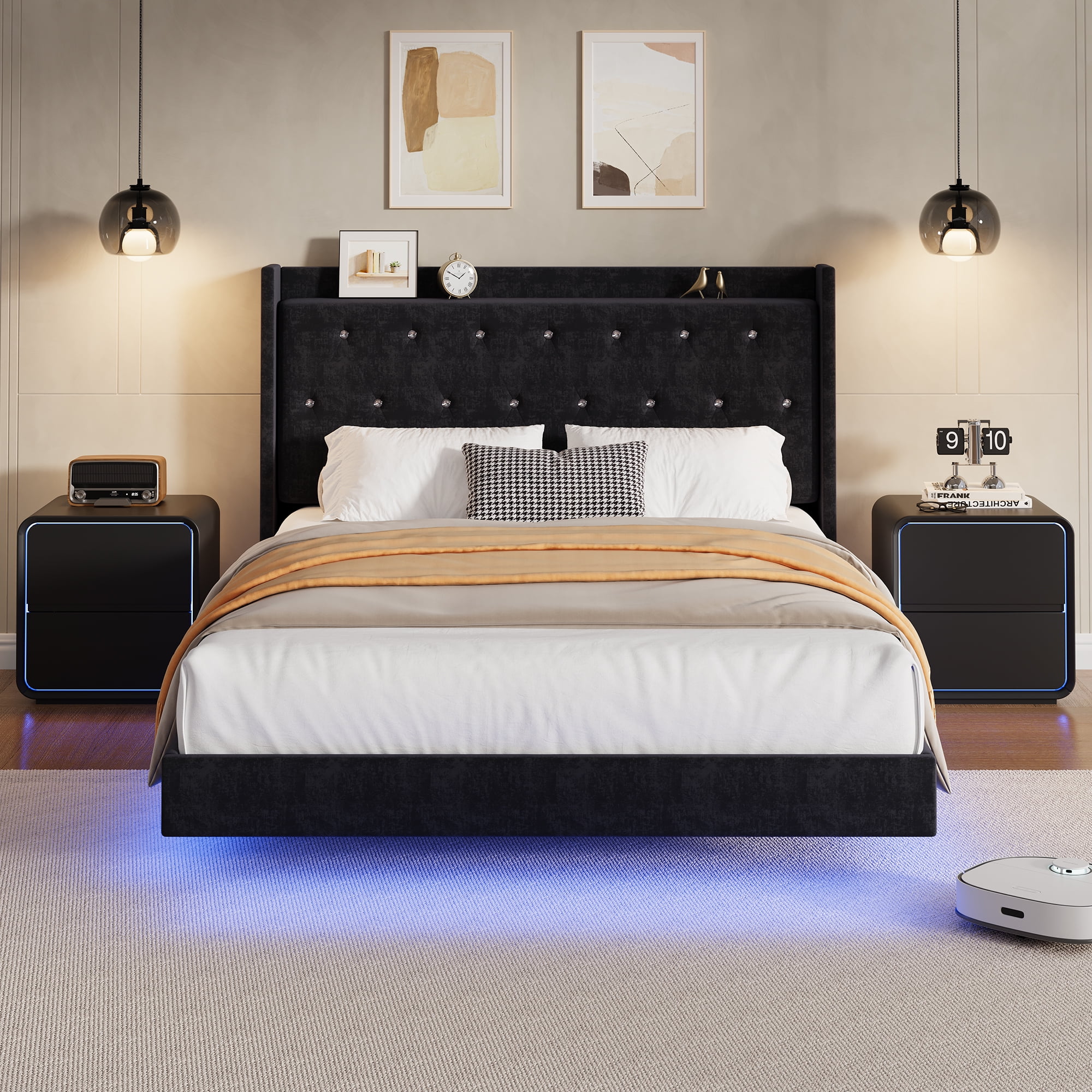Modern Platform Bed with LED Lights & Storage - Upholstered Headboard, Noise Free, Full size