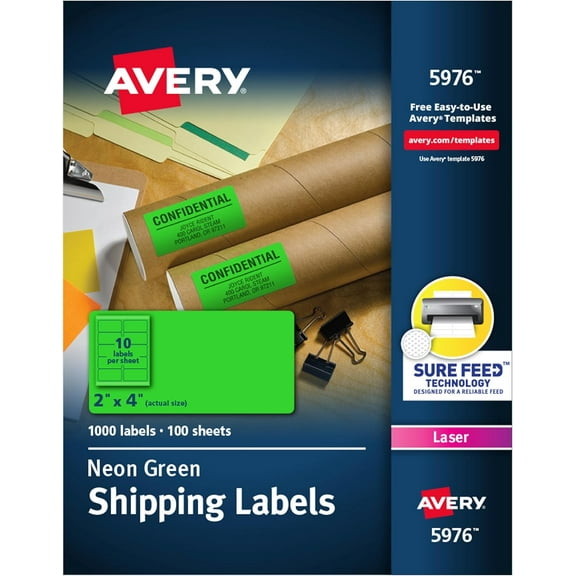 Avery Printable Shipping Labels with Sure Feed, 2" x 4", Neon Green, 1,000 Blank Mailing Labels (5976)