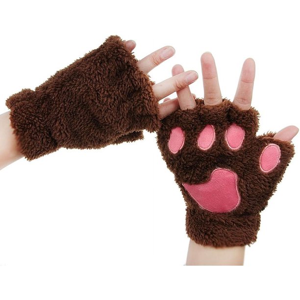 Guantes de pata de gato sin dedos, de piel sintética y felpa, cálidos guantes de medio dedo para invierno, bonitos guantes de cosplay con pata de gato, guantes de felpa peludos para mujeres y niñas.