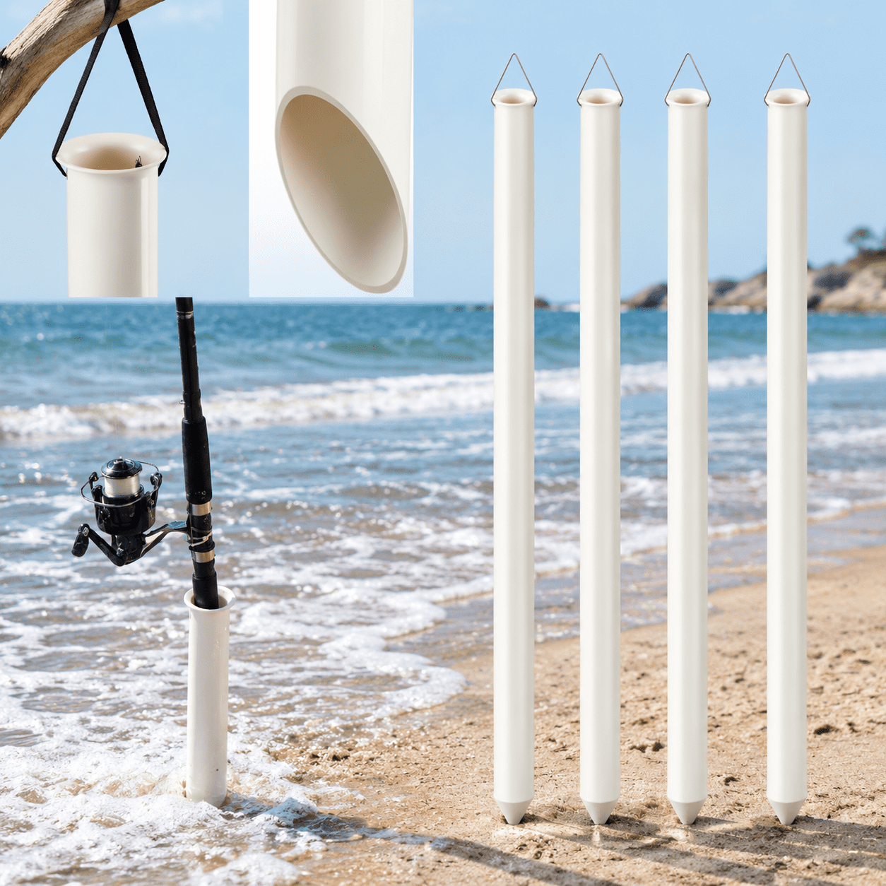 48 Inch 4 Fishing Rod Rack PVC Sand Spike for Surf Beach River Shore Fishing