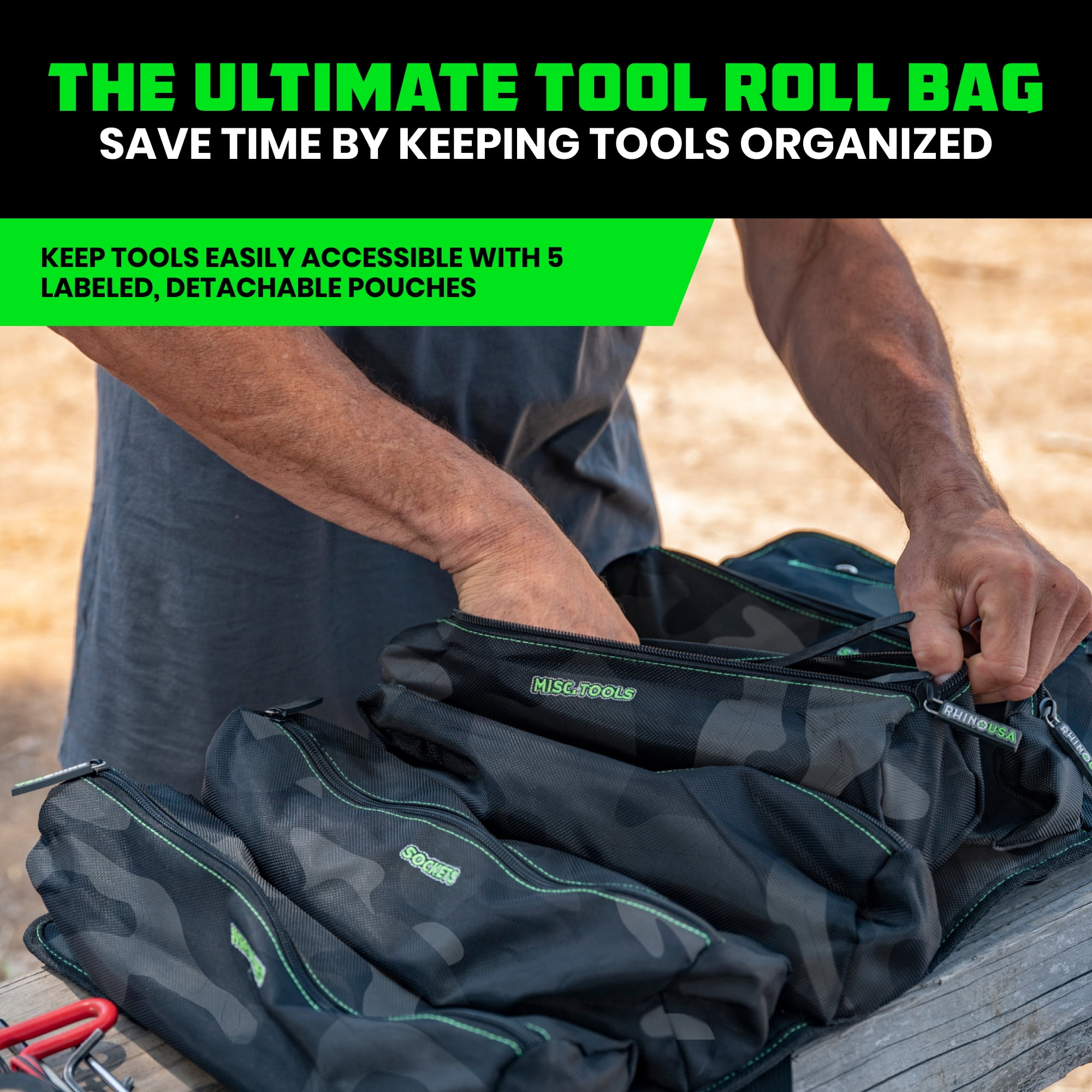 Rhino USA Tool Bag Roll - Heavy Duty Canvas Organizer Pouch for Tools - w/ Labeled & Removable Pouch