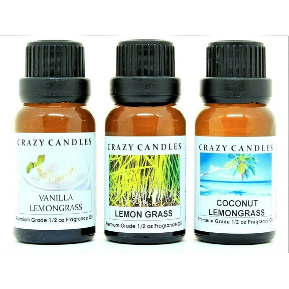 Crazy Candles 3 Bottles Set 1 Coconut Lemongrass, 1 Lemon Grass, 1 Vanilla Lemongrass 1/2 Fl Oz Each (15ml) Premium Grade Scented Fragrance Oils