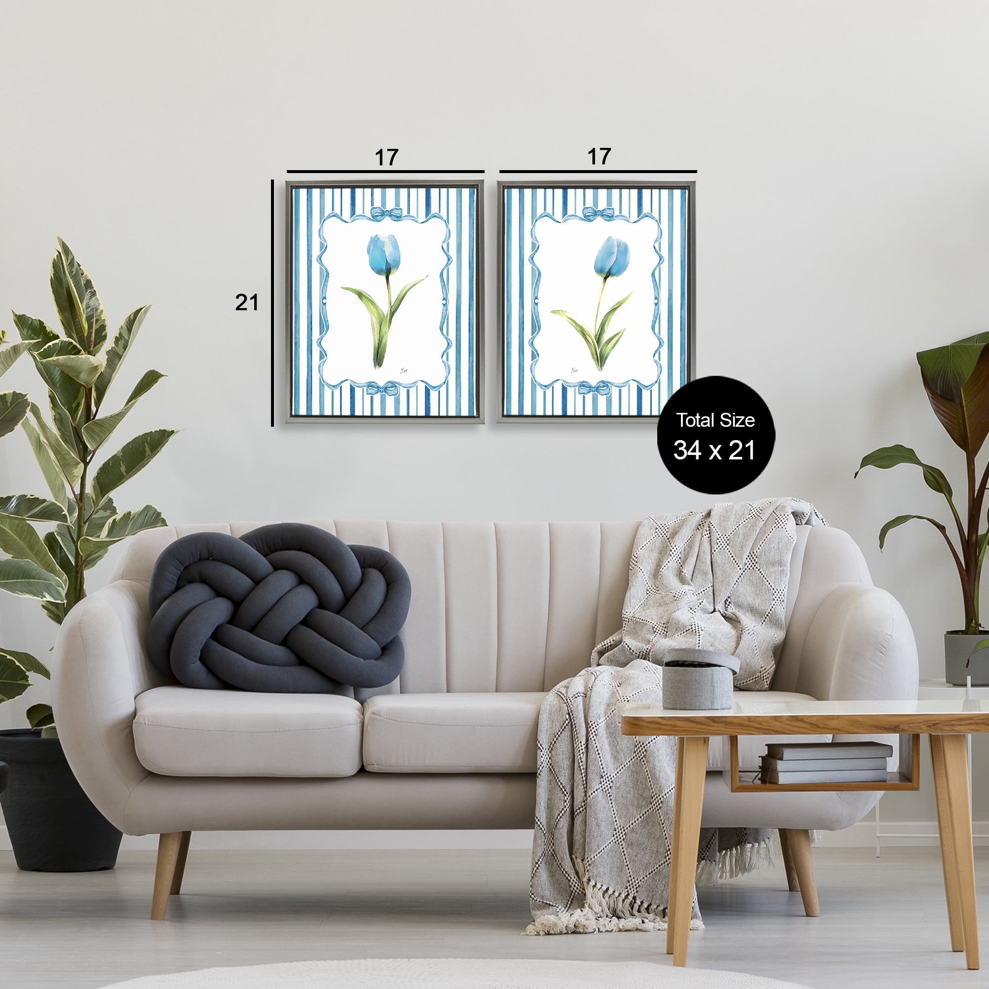 Stupell Industries Blue Tulips with Feminine Ribbon 2 Piece Gray Framed Floater Canvas Set, design by Nan