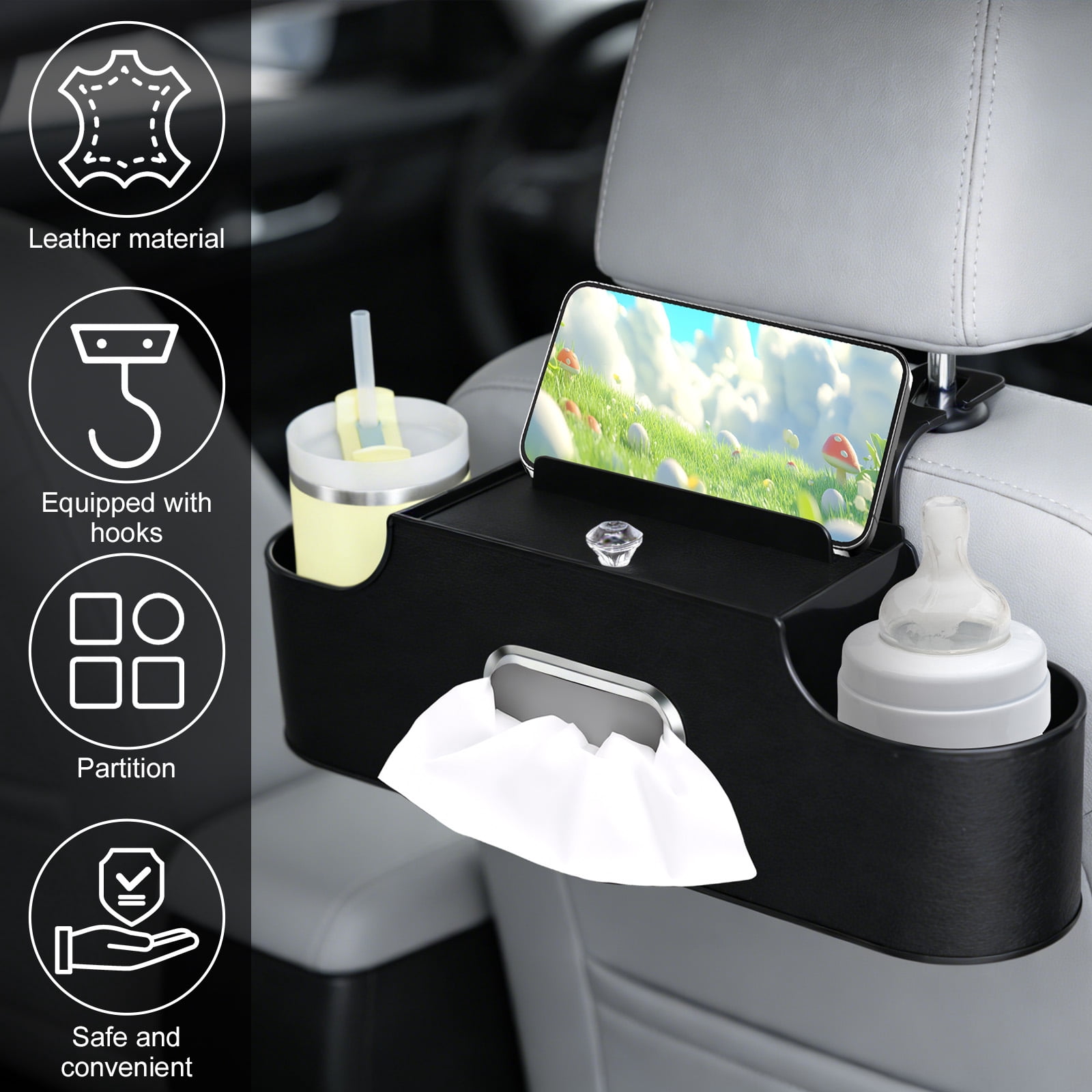 2Pcs Car Headrest Back Seat Organizer Multifunctional Vehicle Backseat Tissue Cup Holder with Hook for Most SUV MPV Pickup Truck