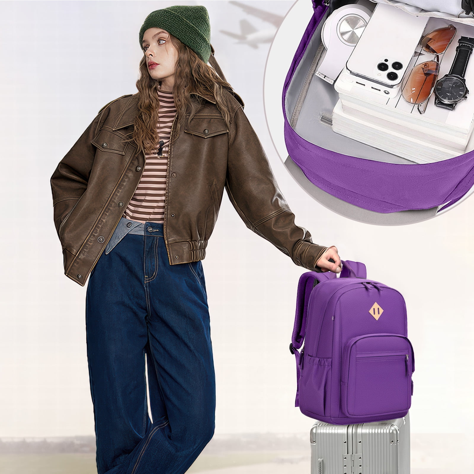 DAKIMOE Travel Backpack for Women Men Laptop Backpack with Computer Compartment Waterproof Large Capacity Wear Resistant Scratch-proof for Travel College Bussiness School, Purple