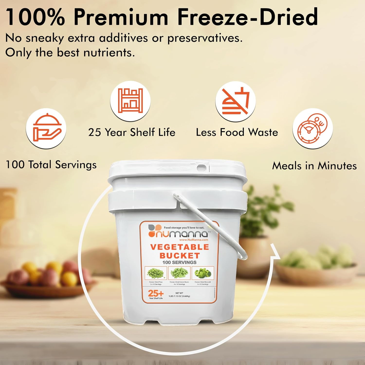 NuManna Freeze-Dried Vegetables Bucket – 100 Servings | Peas, Green Beans & Broccoli | Non-GMO, No MSG, No Preservatives | Emergency Survival Food & Camping Veggie Meal | 25-Year Shelf Life