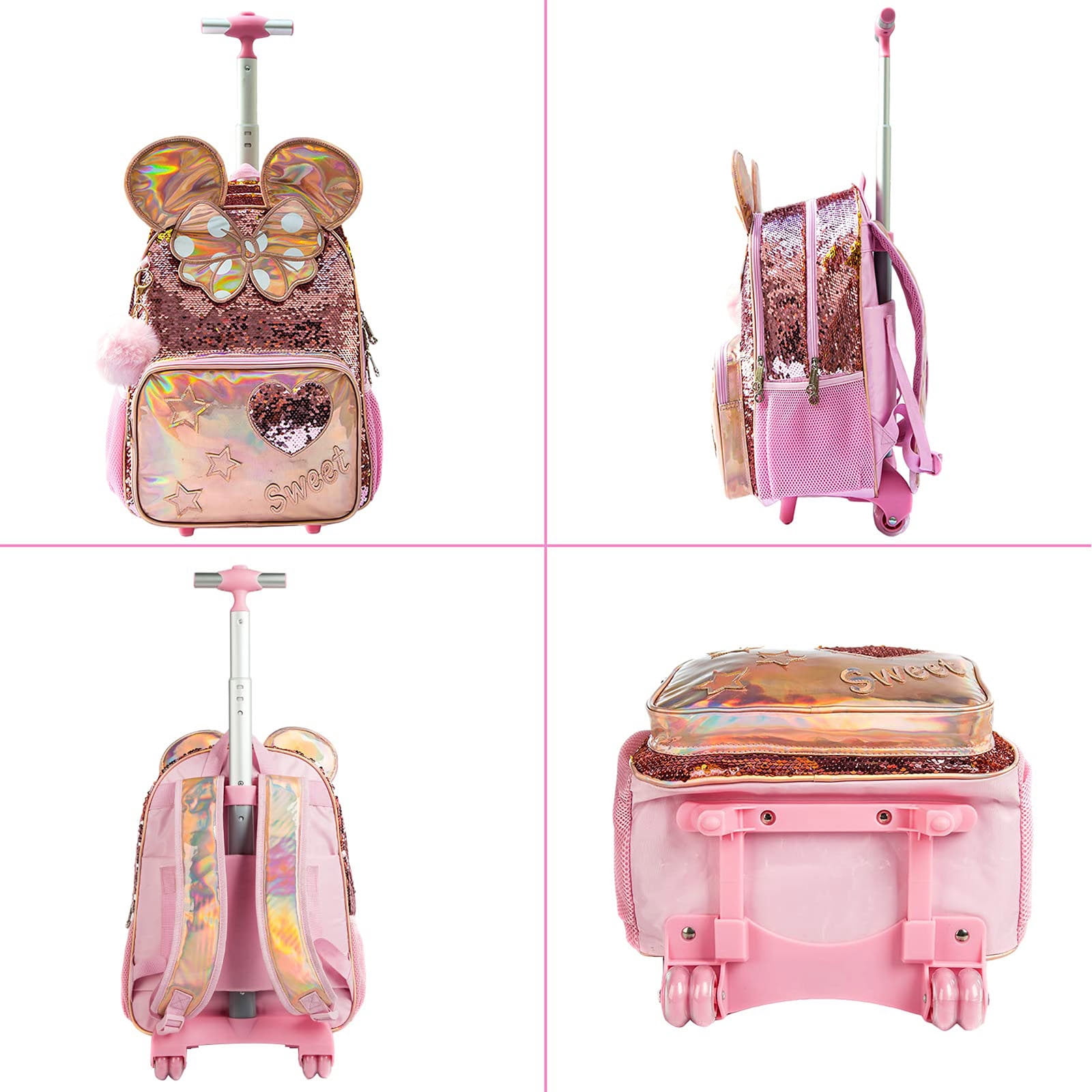 lvyH Women Girls 3 in 1 Pink Sequins School Rolling Backpack Student With Lunch Pencil Bag Crossbody Durable Bookbag Daypack Travel Outdoor