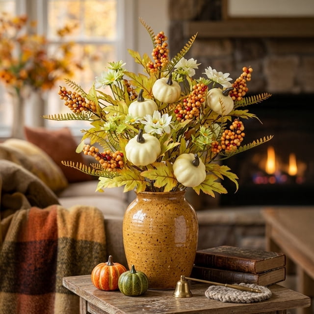 Fall Decor, 4Pcs 11.8 Inch Artificial Autumn Pumpkin Berry Maple Leaves Stems Picks Vase Decorations For Home Harvest Holiday Halloween Thanksgiving Table Centerpiece Indoor Decor
