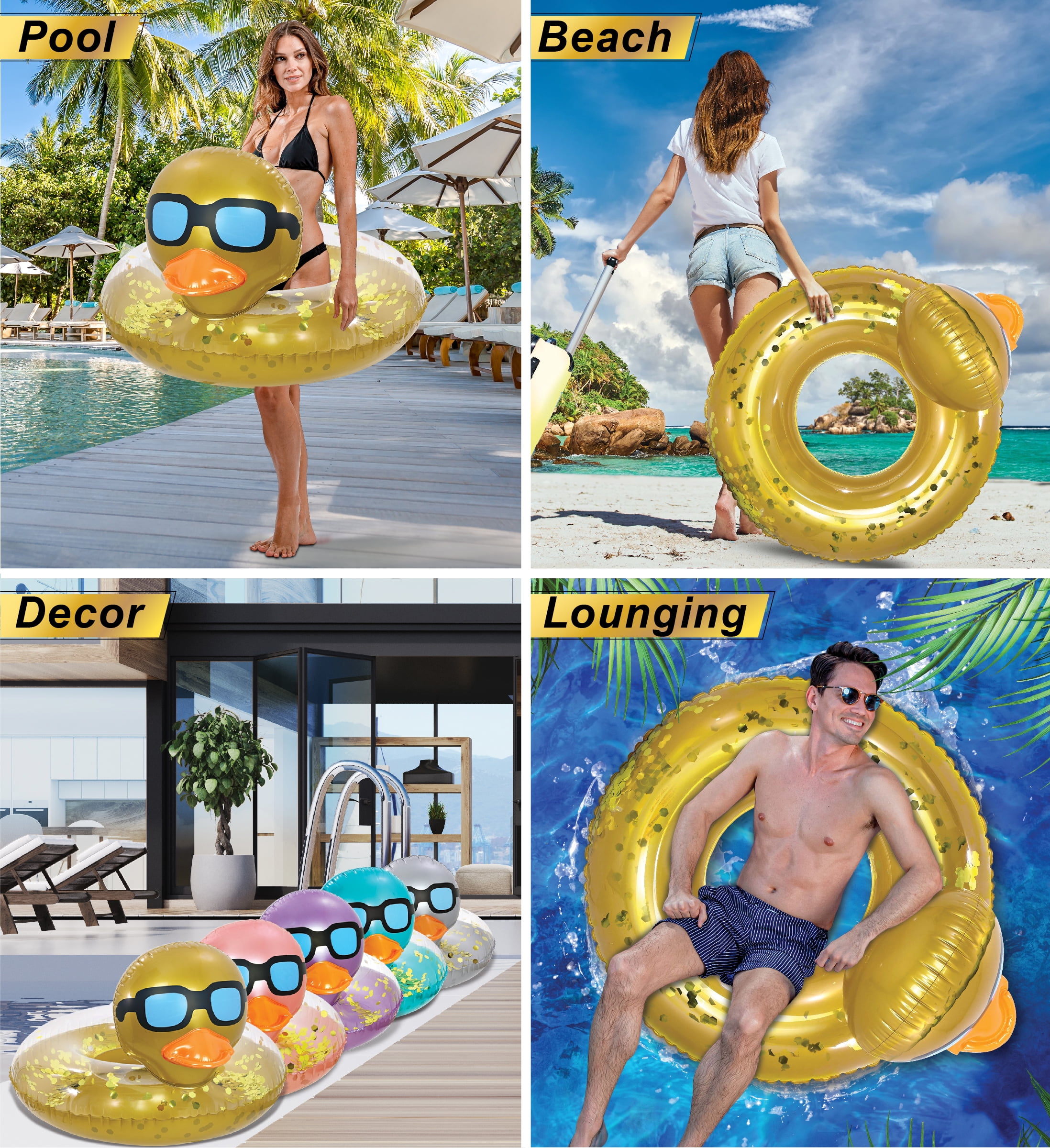 POZA Inflatable Duck Pool Float Tube- Heavy Duty Vinyl UV Resistant Confetti Pool Duck Floatie, Animal Float Swim Ring Inflatables for Kids and Adults for Beach, Party, Vacation - Gold