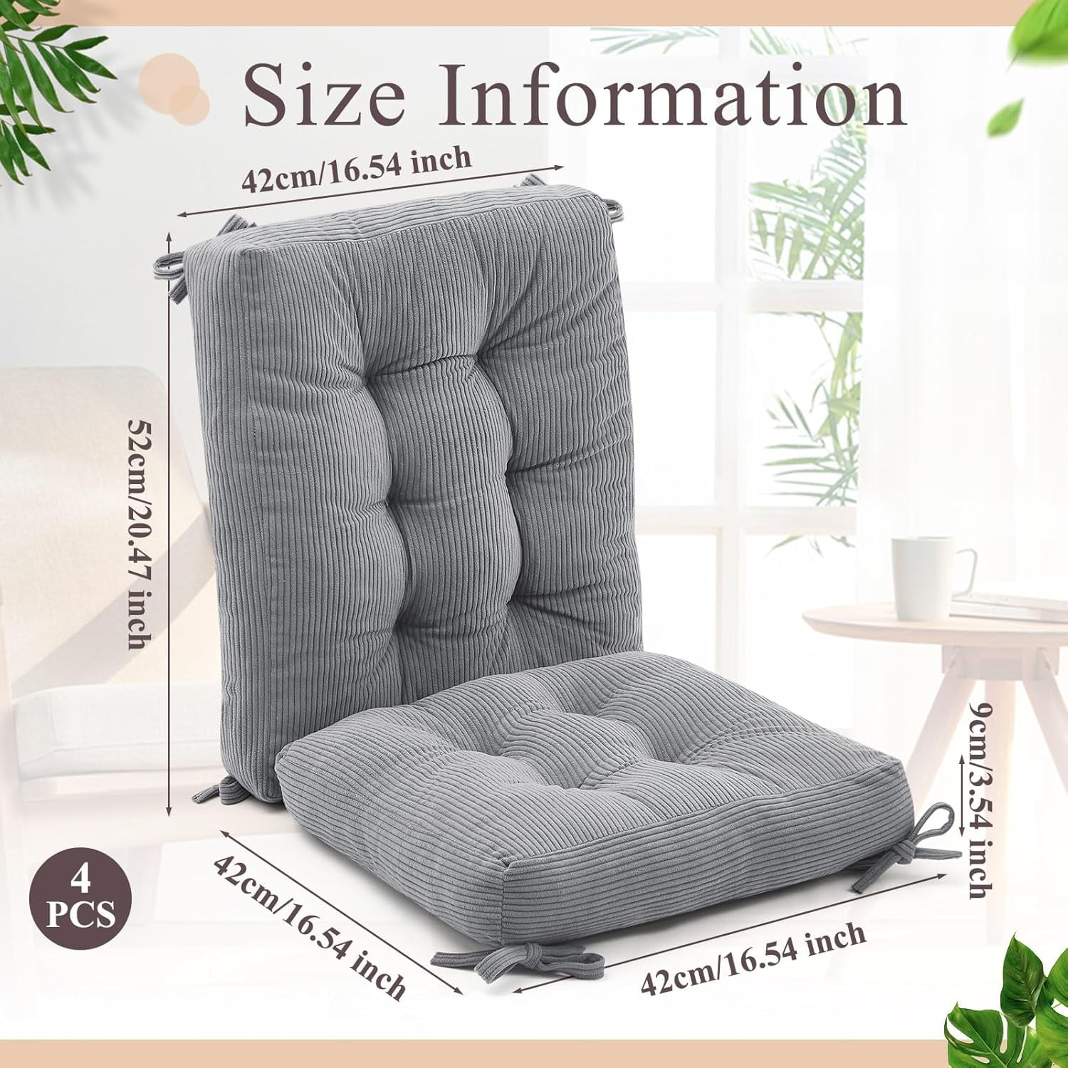4 Set Outdoor Patio Chair Cushions Corduroy Seat High Back Tufted Pillow Replacement Rocking Patio Chair Pads for Outdoor Indoor Home Office (Gray)