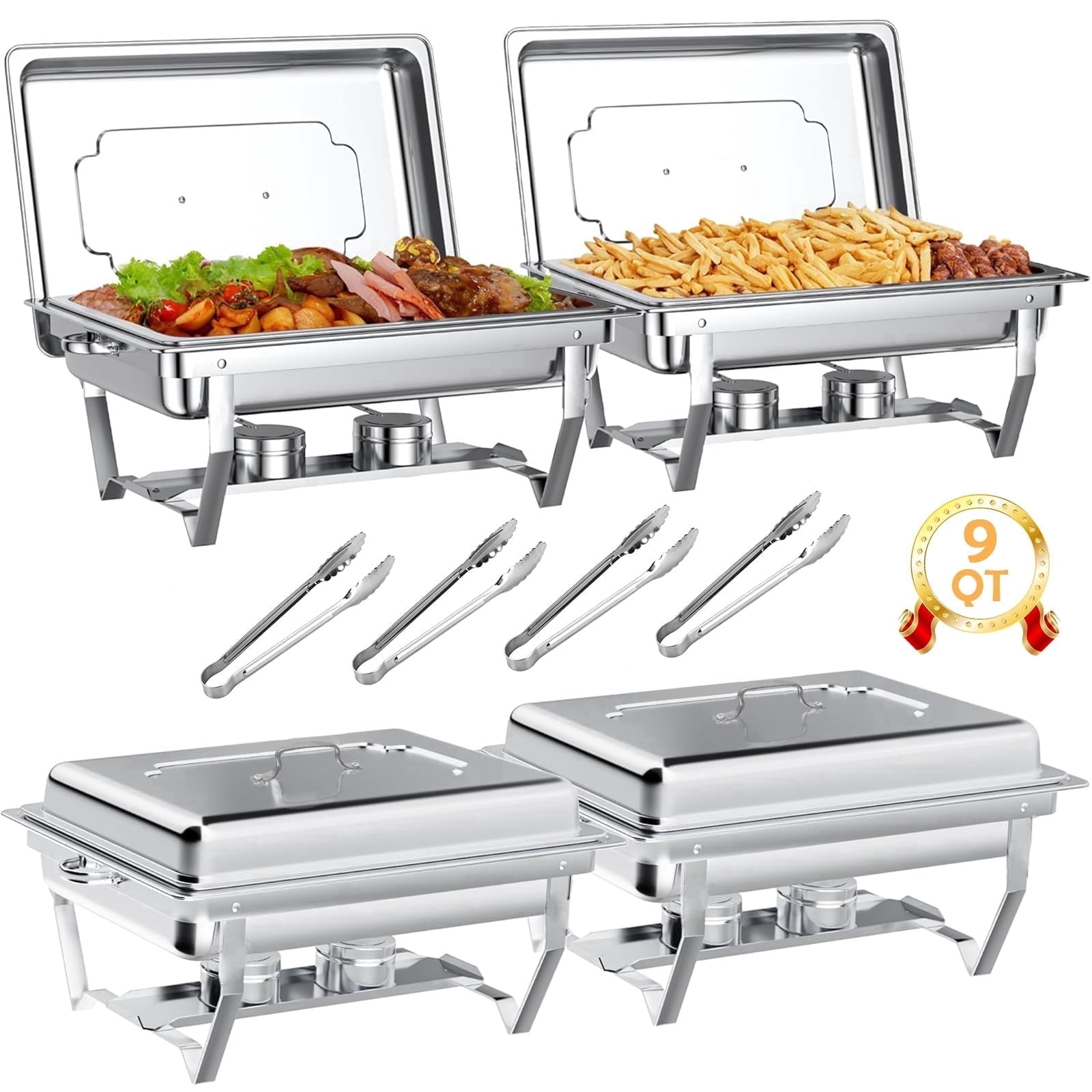 BAOKALER 9QT Chafing Dish Buffet Set with 4 Food Tongs , Foldable Full Size Buffet Server Food Warmer, Stainless Steel Catering Supplies for Party, Banquet, Caterying, Rectangular, Silver, 4 Pack