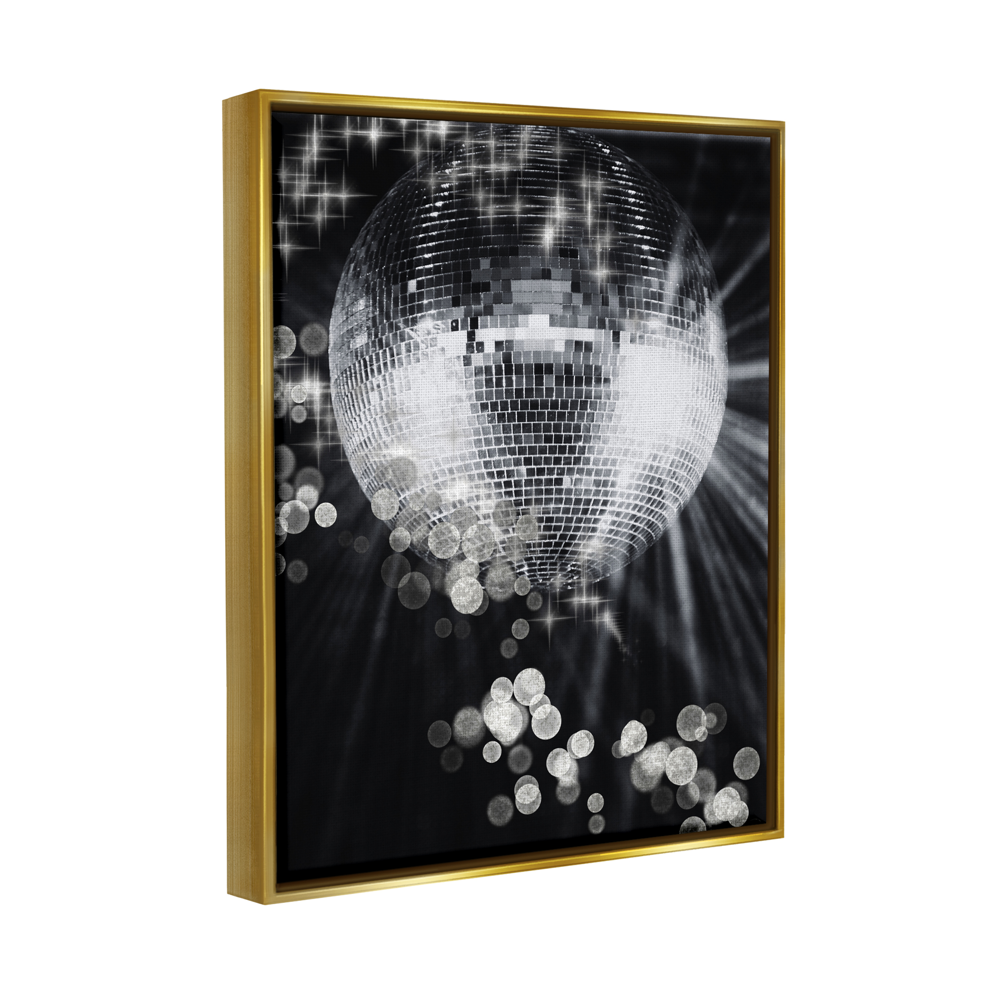 Stupell Industries Glimmering Disco Ball Literature & Flim Photography Gold Floater Framed Canvas Art Print Wall Art, 25 x 31