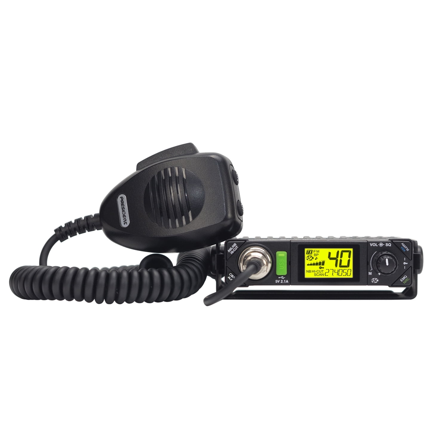 PRESIDENT CB Radio Premium Compact Kit with BILL III FCC 40-Channel AM/FM/Alert CB Radio with P-Channels, Mic, and Virginia Fixed-Magnet-Mount Antenna