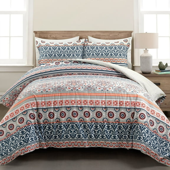 Nesco Stripe Reversible Cotton Duvet Cover Navy/Coral 3Pc Set Full/Queen