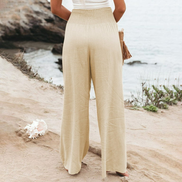 Women Wide Leg Pants Loose Comfy Cotton Linen Pants Casual High Waist  Palazzo Pant Lounge Baggy Trousers with Pocket Beige : : Clothing,  Shoes & Accessories