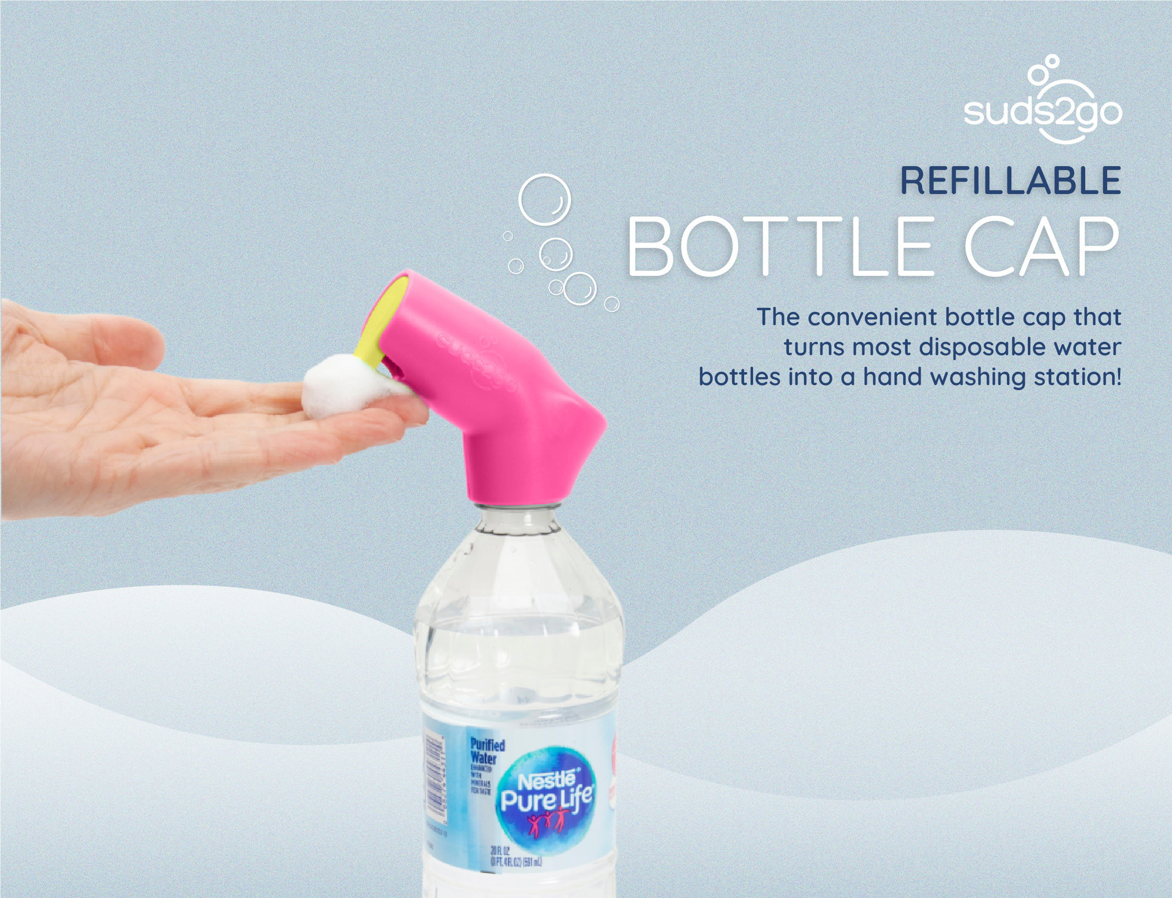Suds2Go Refillable Caps, 2 Pack - Universal Fit Turns Most Disposable Water Bottles Into A Hand Washing Station - Includes Refillable Soap Reservoir - Conveniently Sized to Take on the Go - Pink