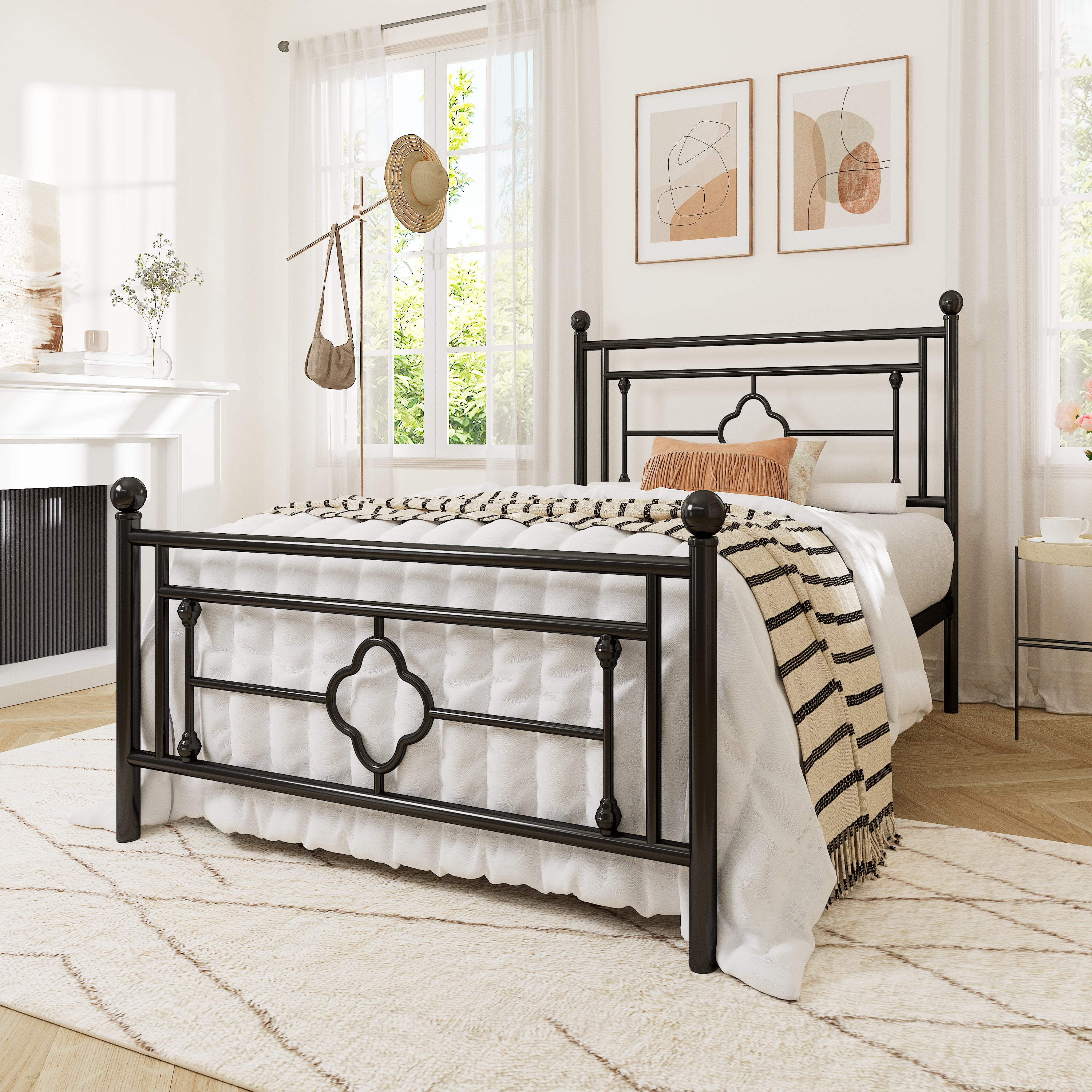 Allewie Twin Size Metal Platform Bed Frame with Victorian Vintage Headboard and Footboard, Black