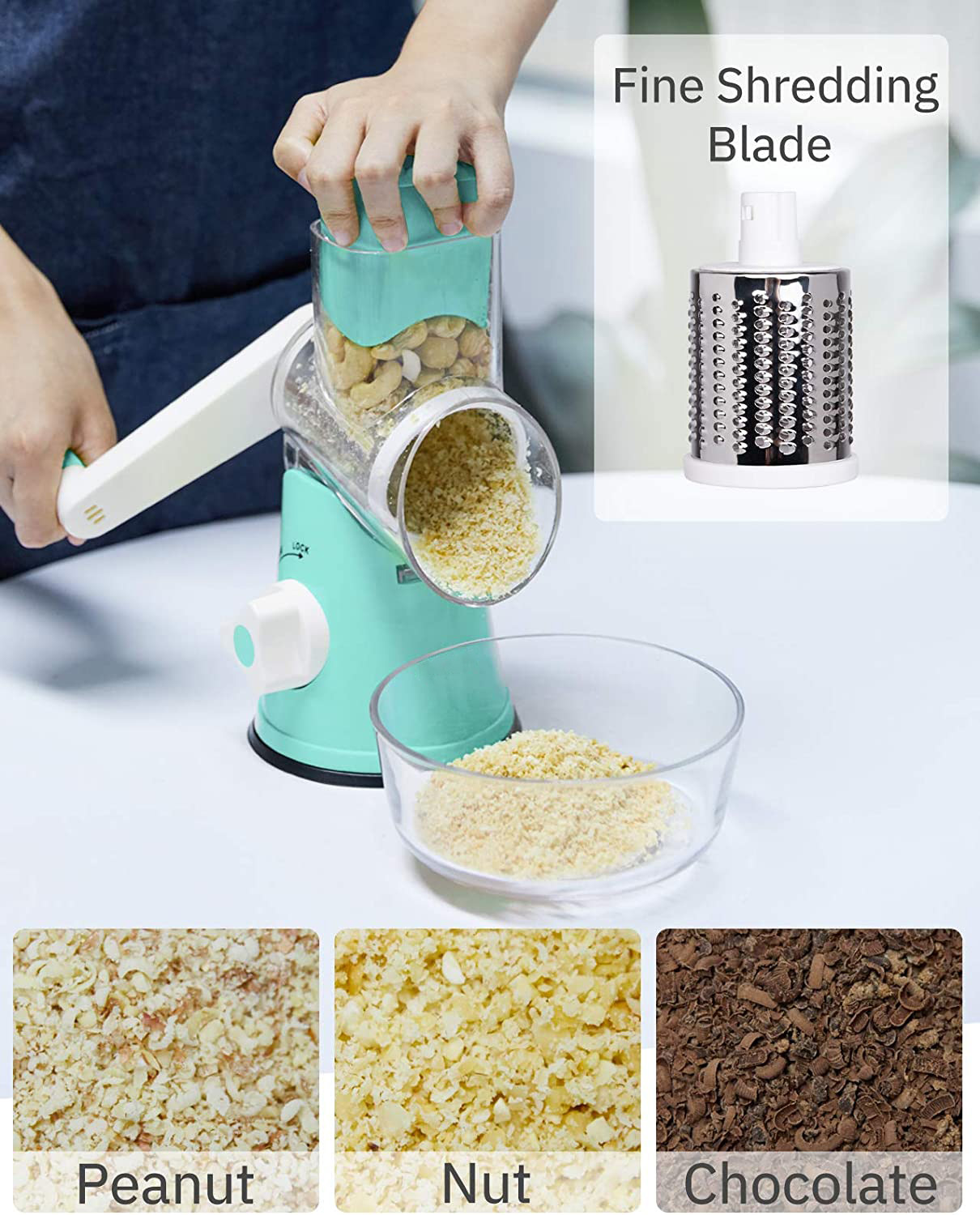 Ktinnead Rotary Cheese Grater Manual Cheese Grater with Handle  Interchangeable Stainless Steel Blades Cheese Shredder Strong Suction Base Cheese  Graters for Kitchen Vegetables, Cheese and Nuts (Blue