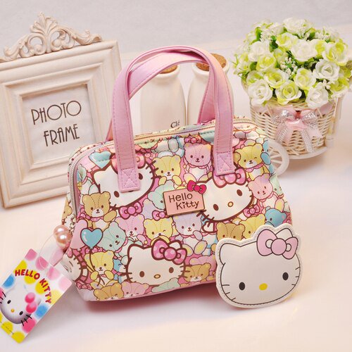 Sanrio-neceser de piel sintética con estampado de Hello Kitty para mujer, bolsa de viaje con estampado de gato Kawaii, ideal para cosméticos y maquillaje, gran oferta