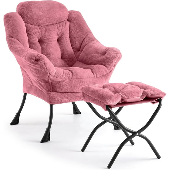 Lazy Chair with Ottoman – Large Plush Lounge Accent Chair with Folding Footrest & Side Pocket, Ergonomic Armchair for Living Room, Bedroom, Red