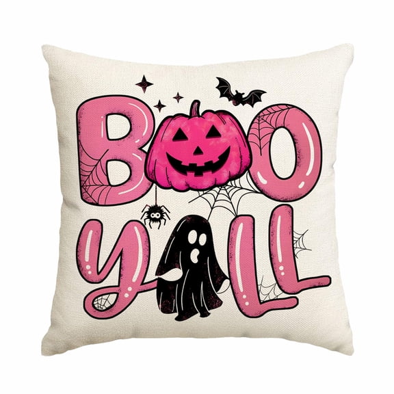 Fall Decorations for Home Halloween Pillow Covers 18X18 Set of 4 Pink Pumpkin Ghost Truck Spooky Holiday Decoration Linen Throw Cushion Cases for Sofa Patio Bed