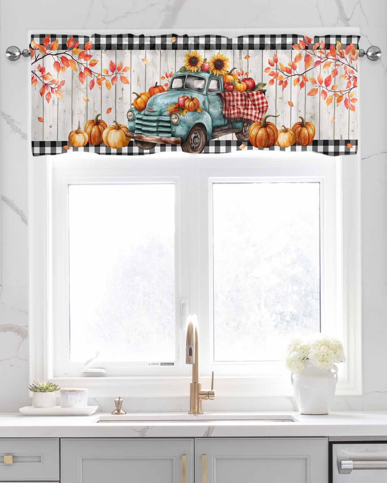 Fall Pumpkin Sunflowers Kitchen Valances for Windows Farmhouse Linen Window Valance Curtain for Living Room Window Treatment Thanksgiving Branch Wood Grain Valance Rod Pocket Topper, 42 x 18 Inch