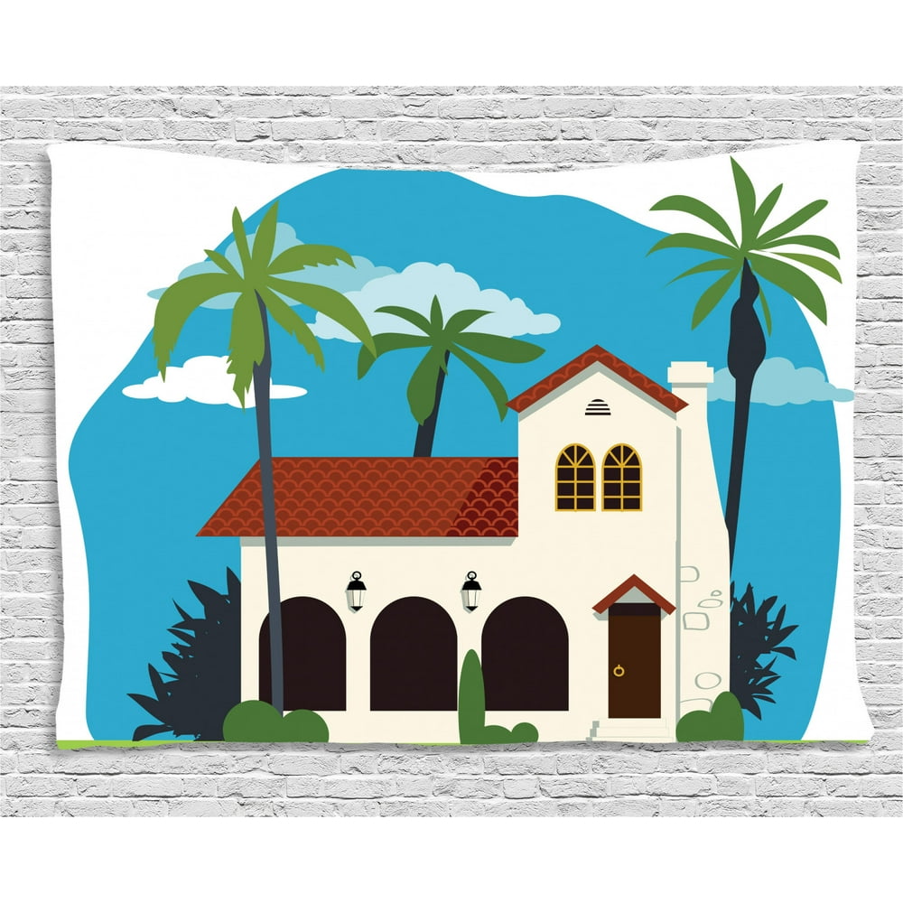 Spanish Tapestry, Old Fashioned Mediterranean Cottage House with Palm