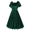 thumbnail image 4 of ylioge Wedding Guest Dresses for Women, Womens Fluttering Sleeve Gold Velvet Vintage Dress Dress Short Sleeve Square Neck Mid Calf Dresses Spring, 4 of 7