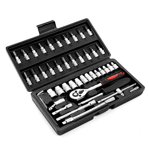 TFixol 46PCS Alloy Steel 1/4'' Ratchet Wrench Socket Wrench Set Household Automobile and Motorcycle Repairing Maintenance Tool Kit