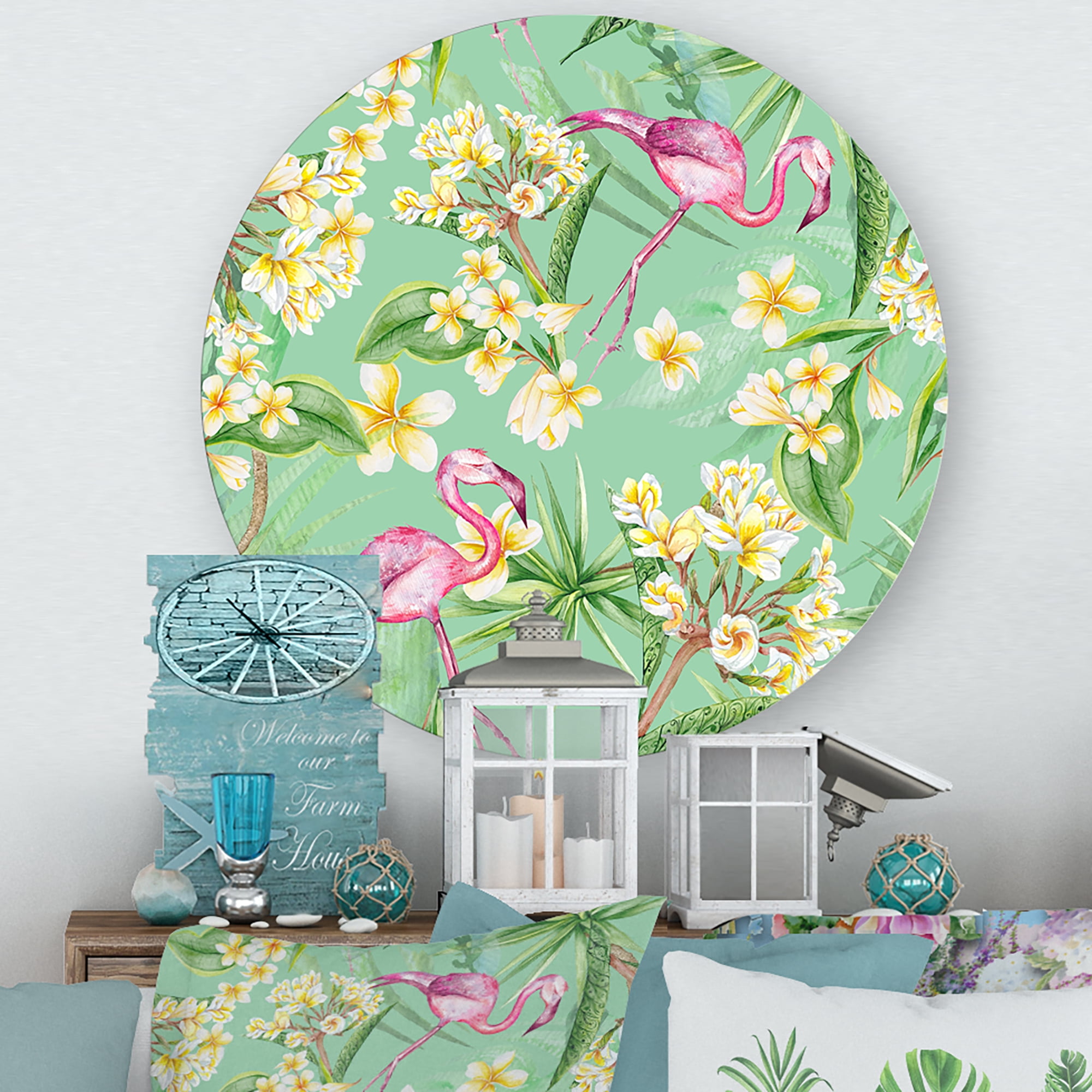 Designart 'Yellow Flowers, Tropical Foliage With Flamingo V' Traditional Circle Metal Wall Art 11x11 - Disc of 11