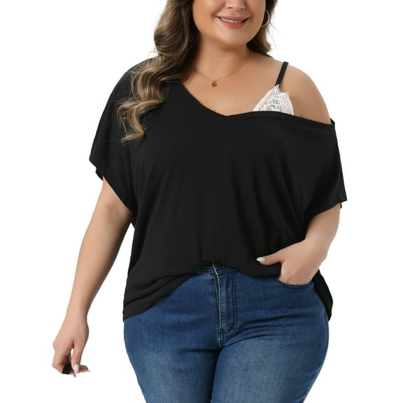 Agnes Orinda Women's Plus Size Tops V Neck One Cold Shoulder Short Sleeve t Shirt Summer Casual Blouse 5X Black