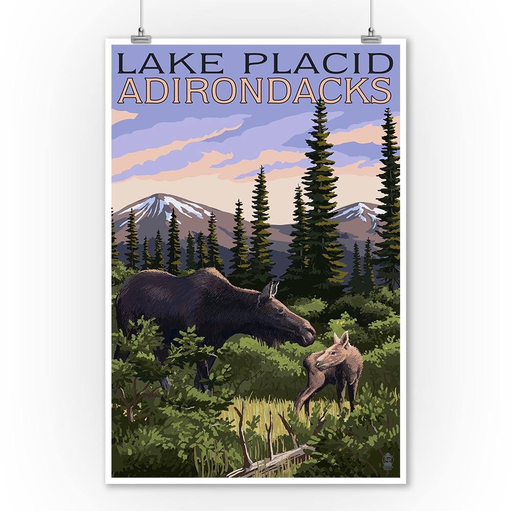 Lake Placid, New York Moose & Calf Lantern Press Poster (9x12 Art