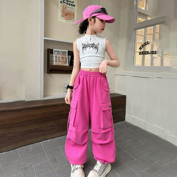 HUAXUN-Girls Denim Jogger Cargo Pants | Stretch Waist Loose Fit with Pockets | School Outdoor Play Everyday Casual Pants(Hot Pink,4-5Years)