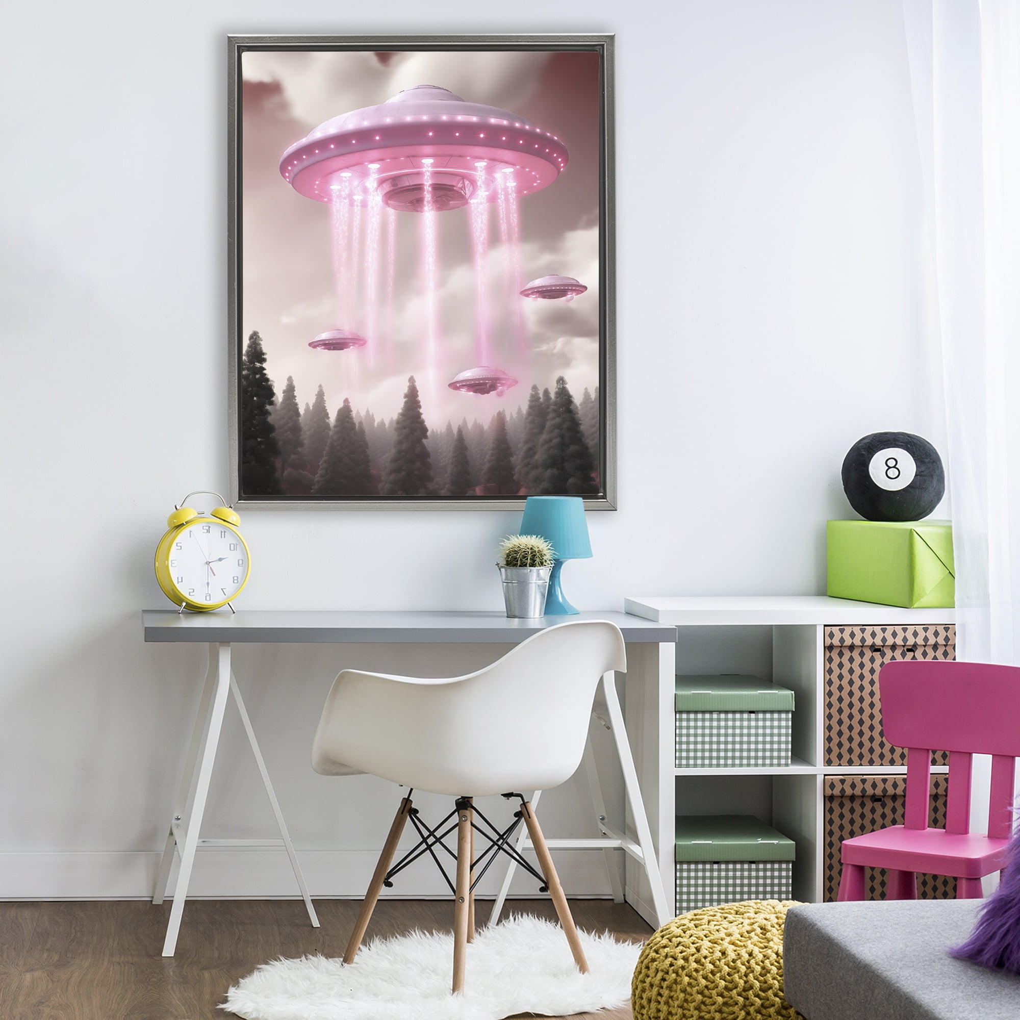 Glam UFO with Pink Beams Gray Framed Floater Canvas Wall Art, design by Sasha