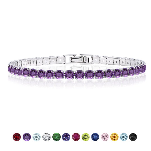 JeenMata 11 TCW Corte Redondo Febrero - Amatista - Pulsera de tenis con piedra natal para mujer en diseño de eternidad - Chapado en oro blanco, Mujer, Adulto